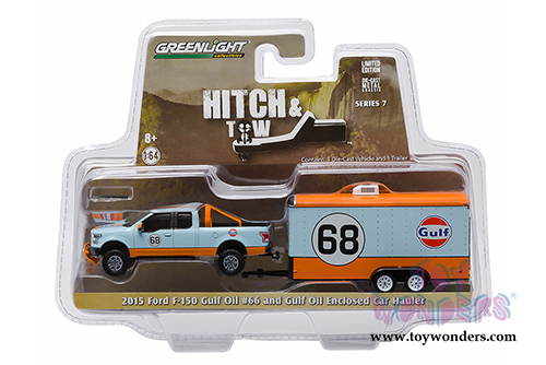 Greenlight - Hitch & Tow Series 7 - 2015 Ford F-150 Gulf Oil #68 and enclosed car hauler (1/64 scale diecast model car, Blue/Orange) 32070B/48